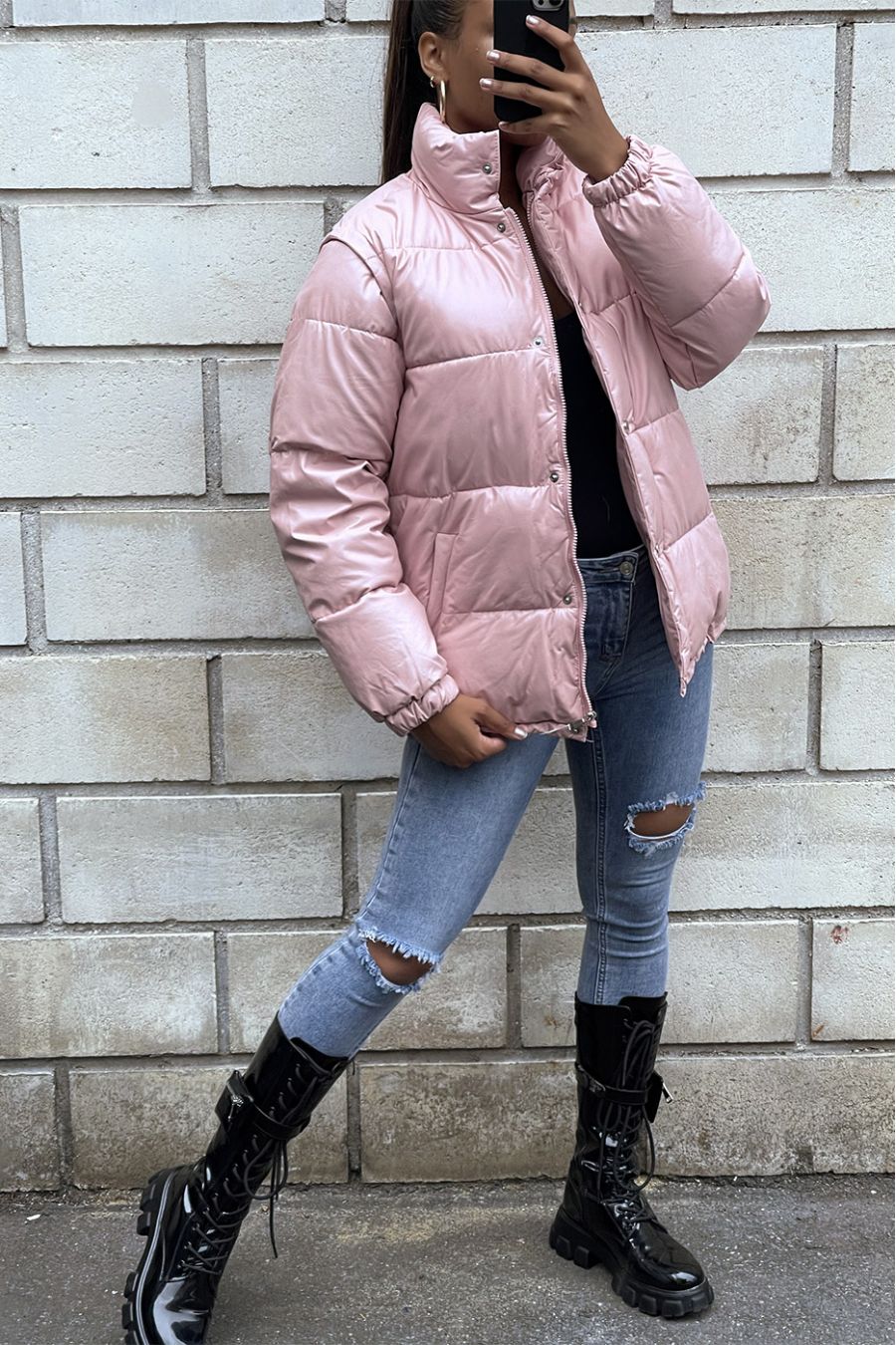 Pink puffer jacket with detachable faux sleeve - 1