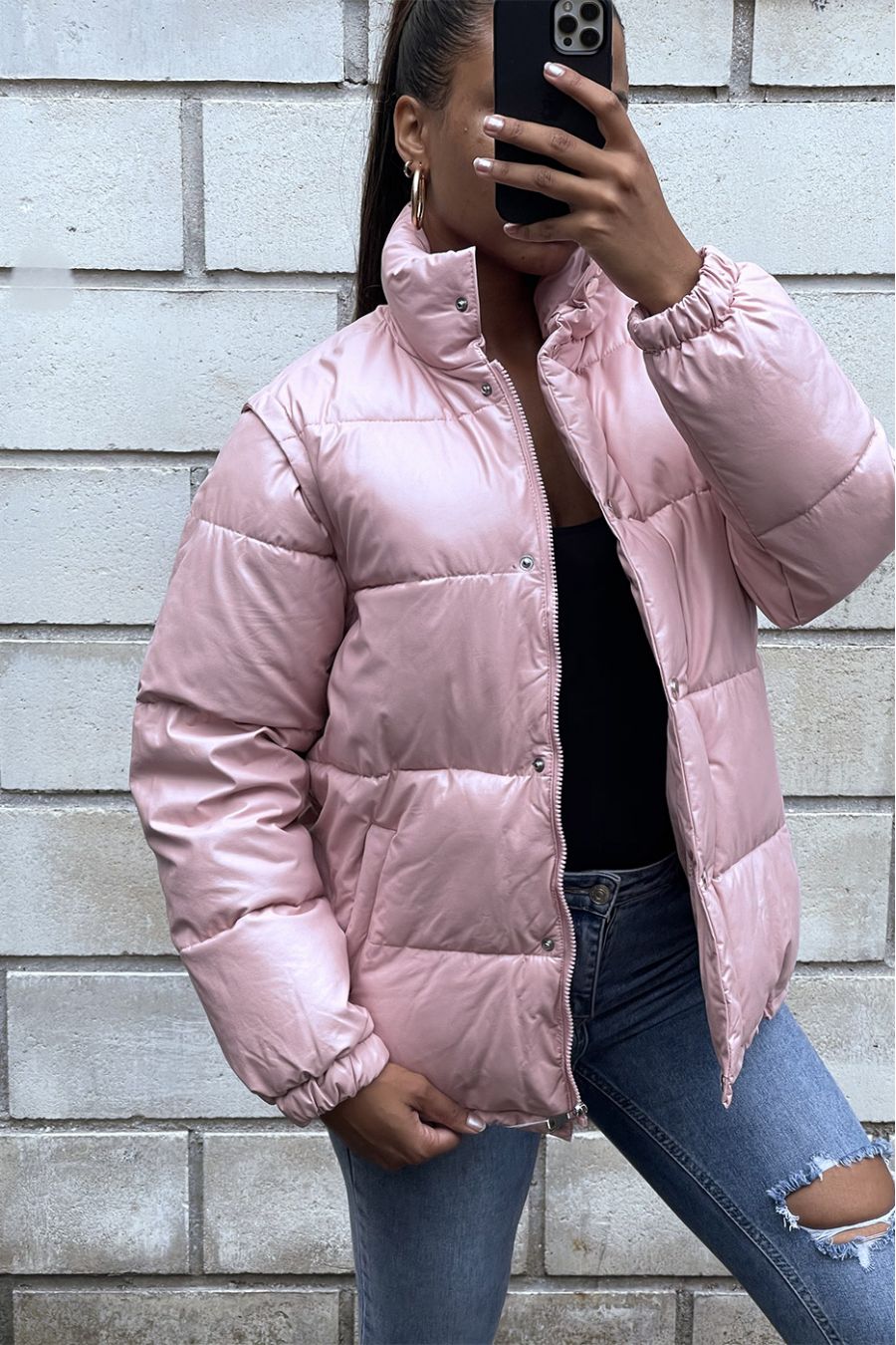 Pink puffer jacket with detachable faux sleeve - 2