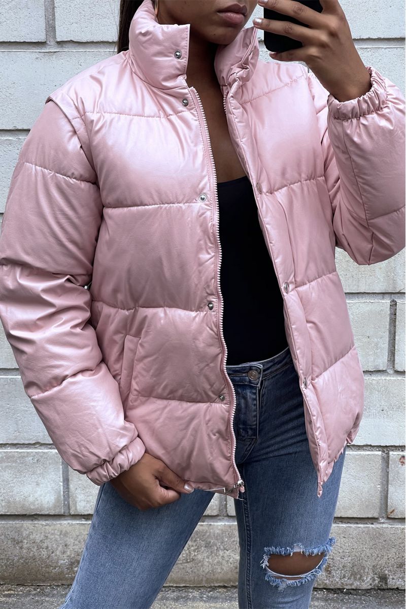 Pink puffer jacket with detachable faux sleeve - 3