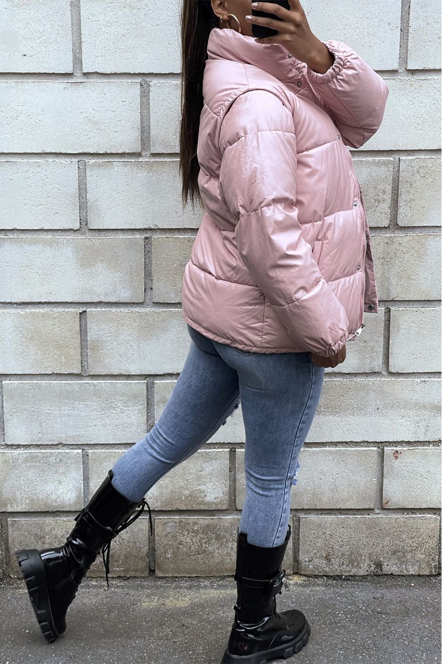 Roze pufferjack met afneembare faux mouw - 4