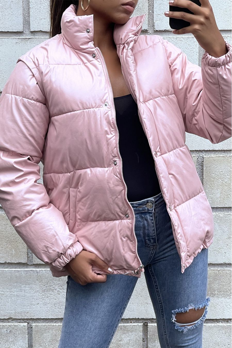 Roze pufferjack met afneembare faux mouw - 5