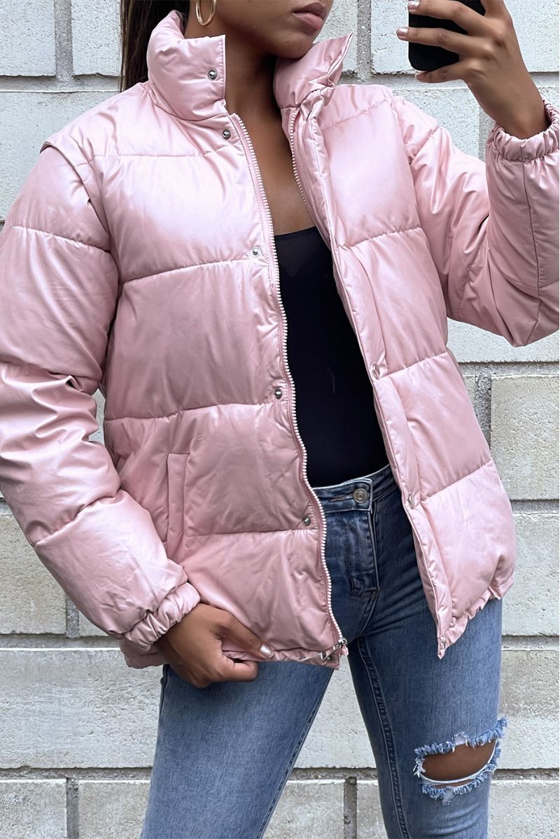 Pink puffer jacket with detachable faux sleeve - 5