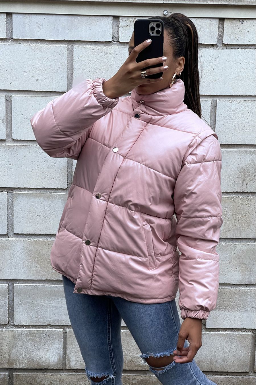 Pink puffer jacket with detachable faux sleeve - 6