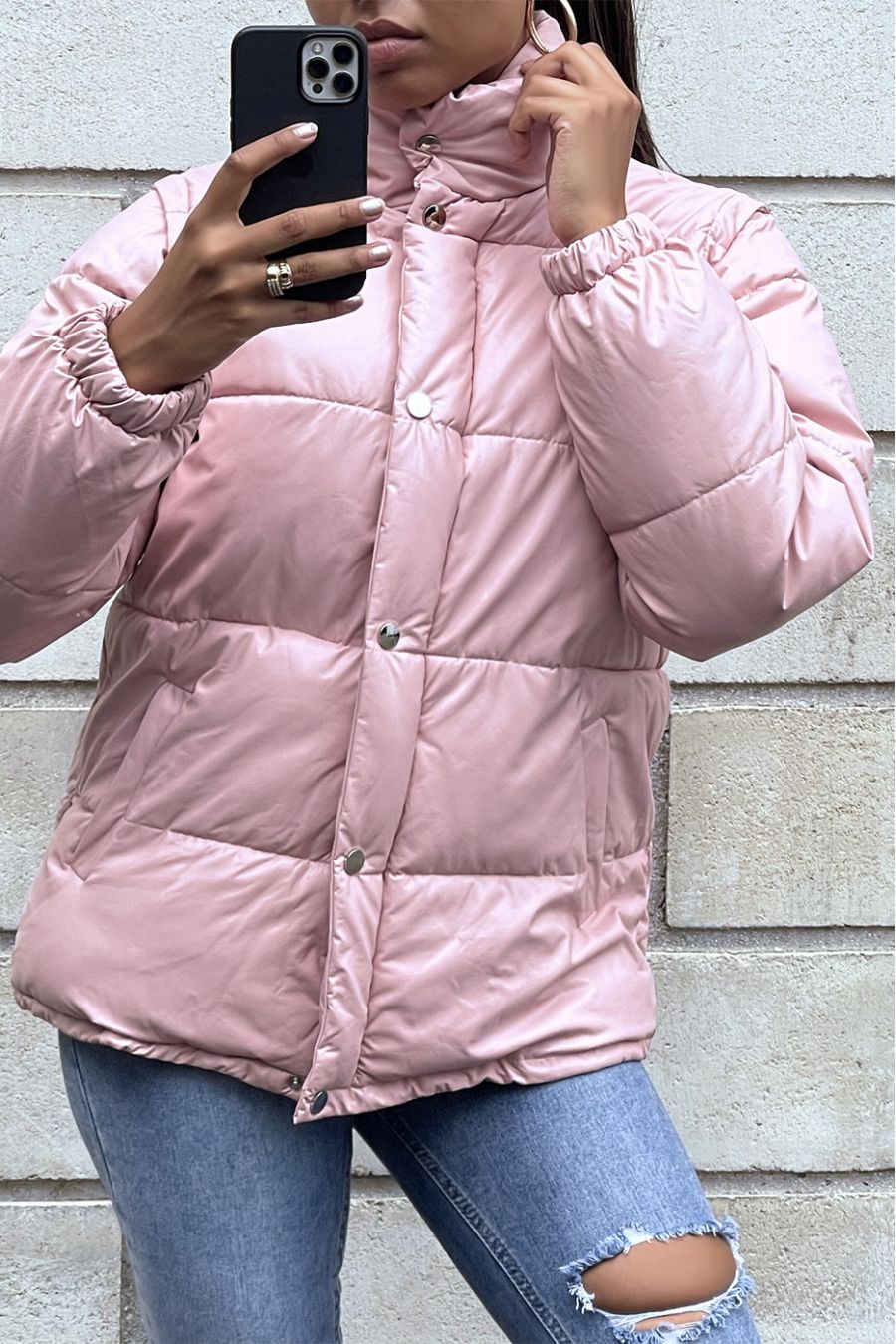 Roze pufferjack met afneembare faux mouw - 7