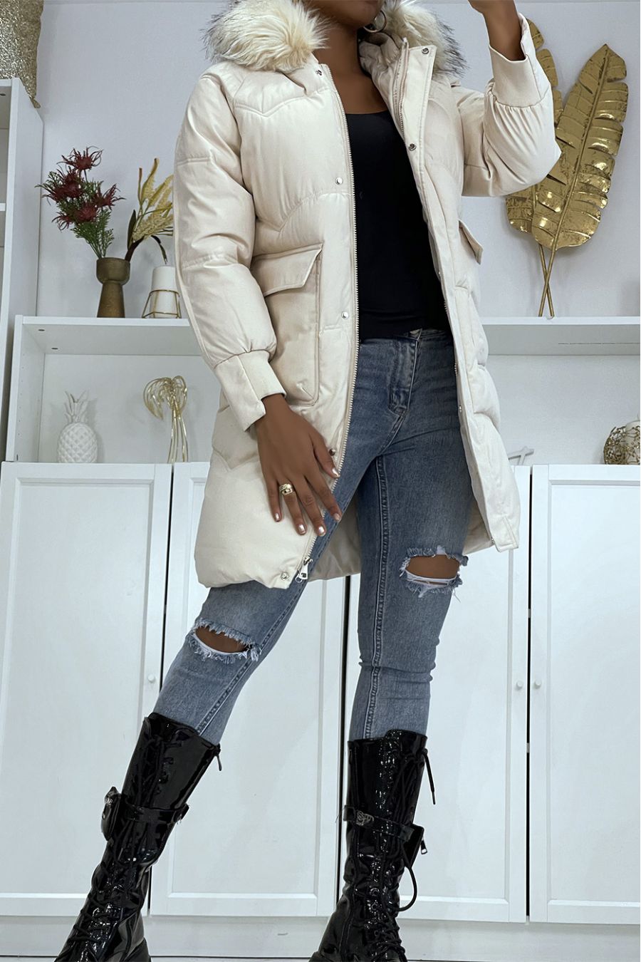 Lang beige donsjack met capuchon - 1