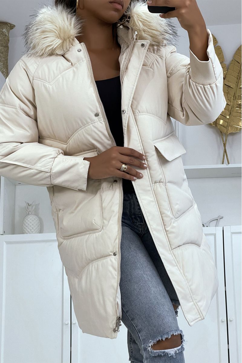 Lang beige donsjack met capuchon - 2