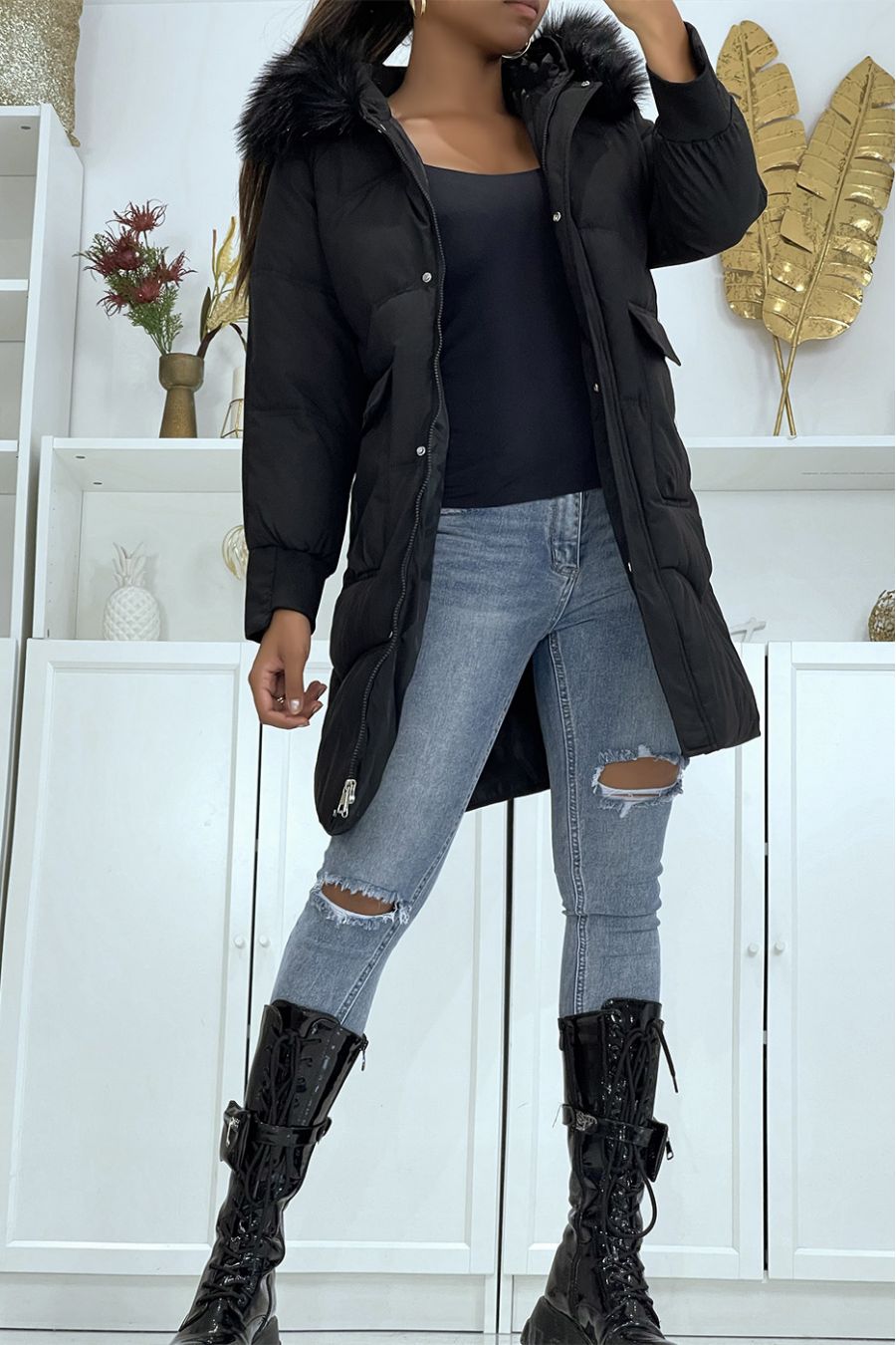 Long black down jacket with hood - 1