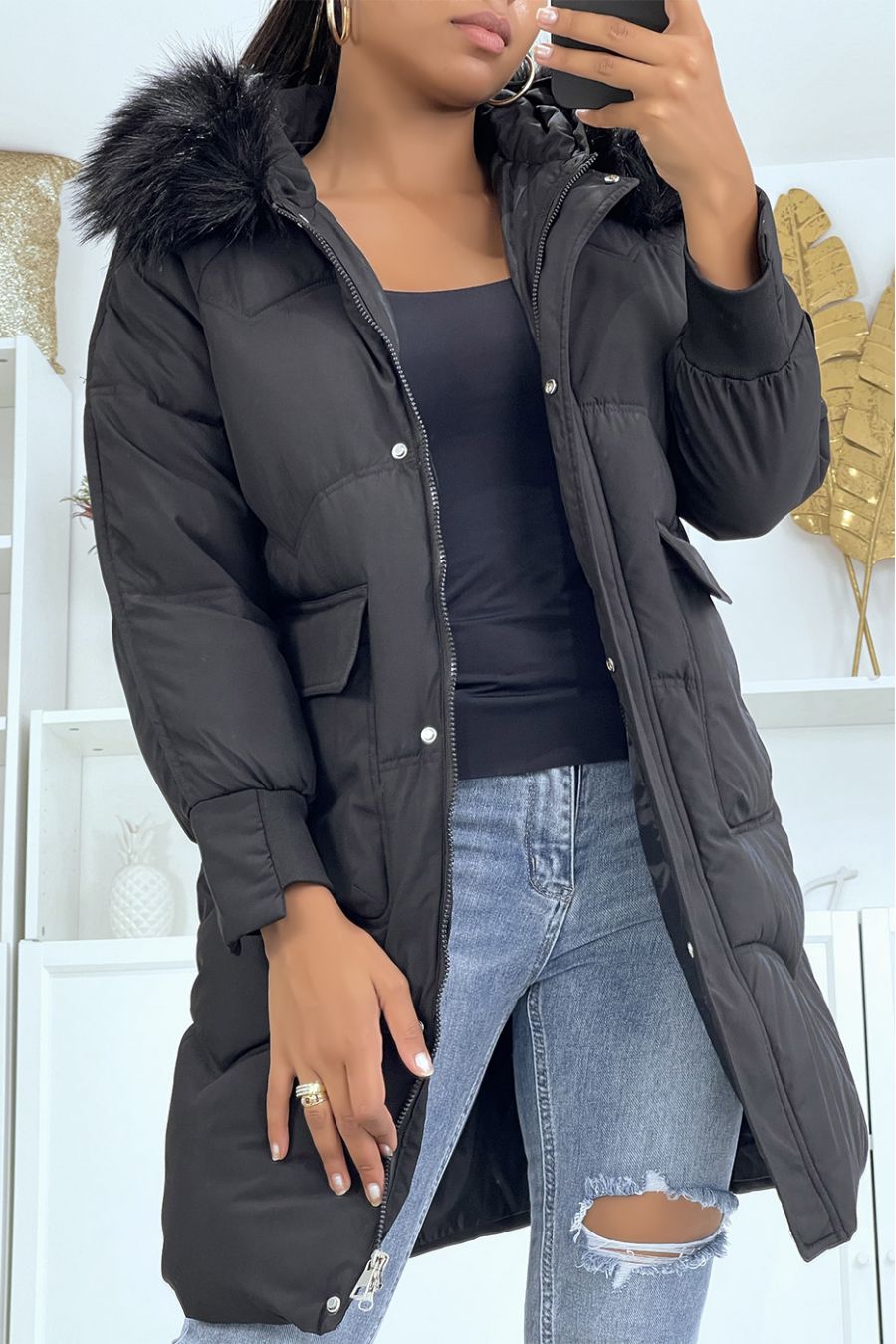 Long black down jacket with hood - 2