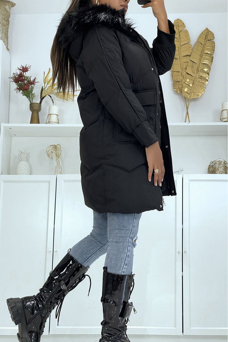 Long black down jacket with hood - 3