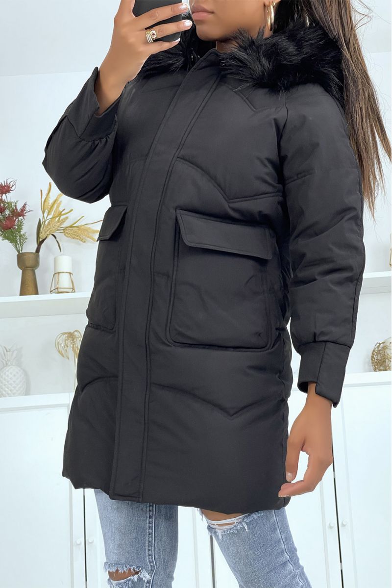 Long black down jacket with hood - 4