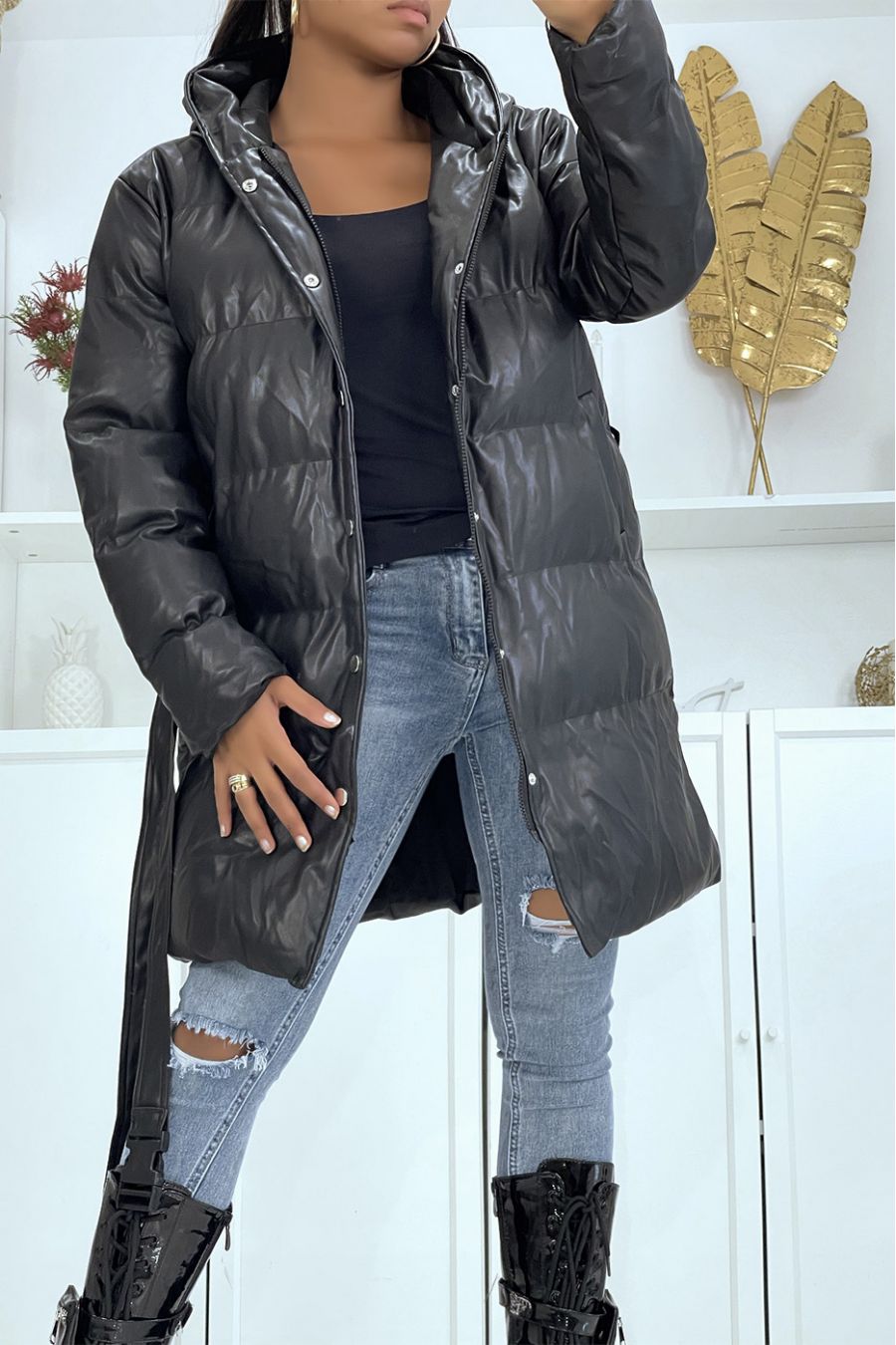 Long very thick black puffer jacket in imitation leather with hood - 1