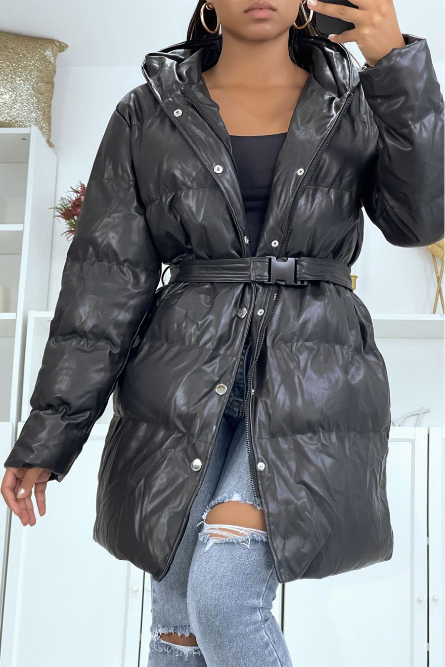 Long very thick black puffer jacket in imitation leather with hood - 2