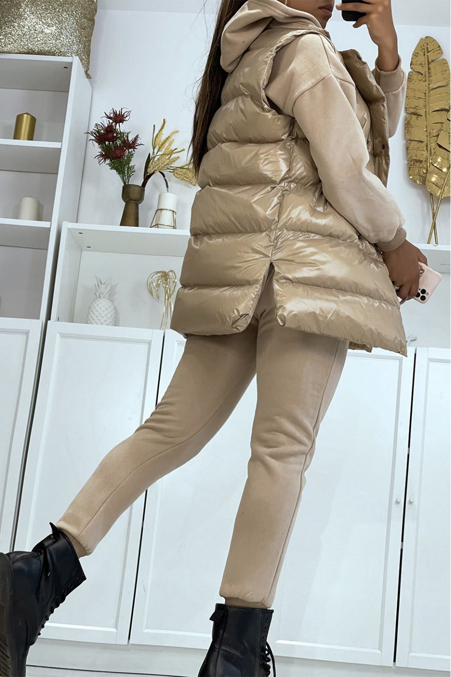 3-piece set of sleeveless down jacket with sweatshirt and taupe joggers - 3