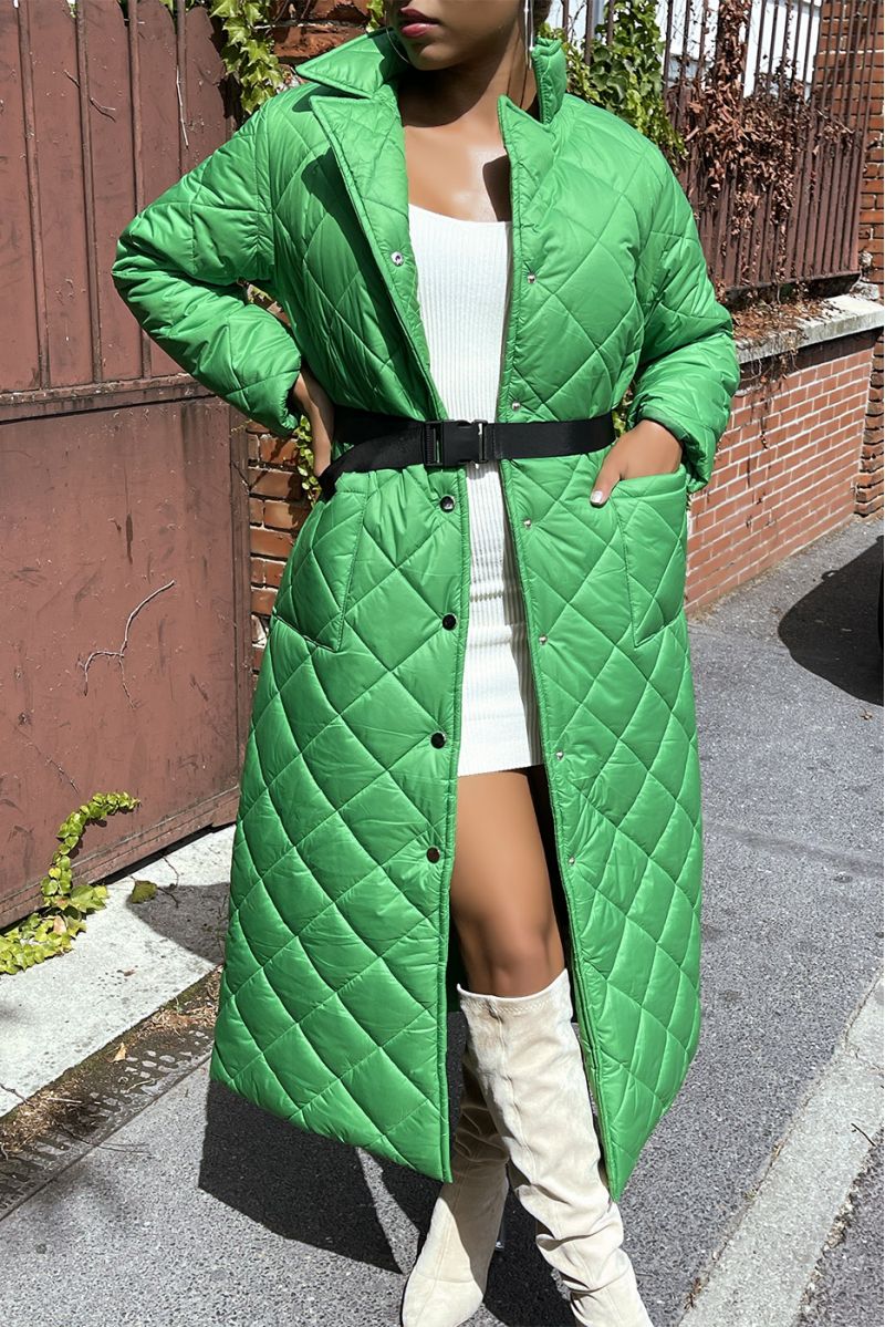 Long quilted down jacket in green - 1