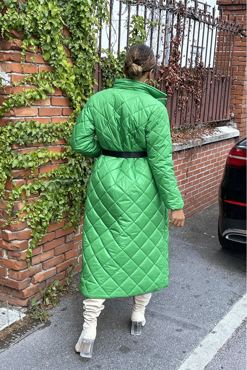 Long quilted down jacket in green - 2