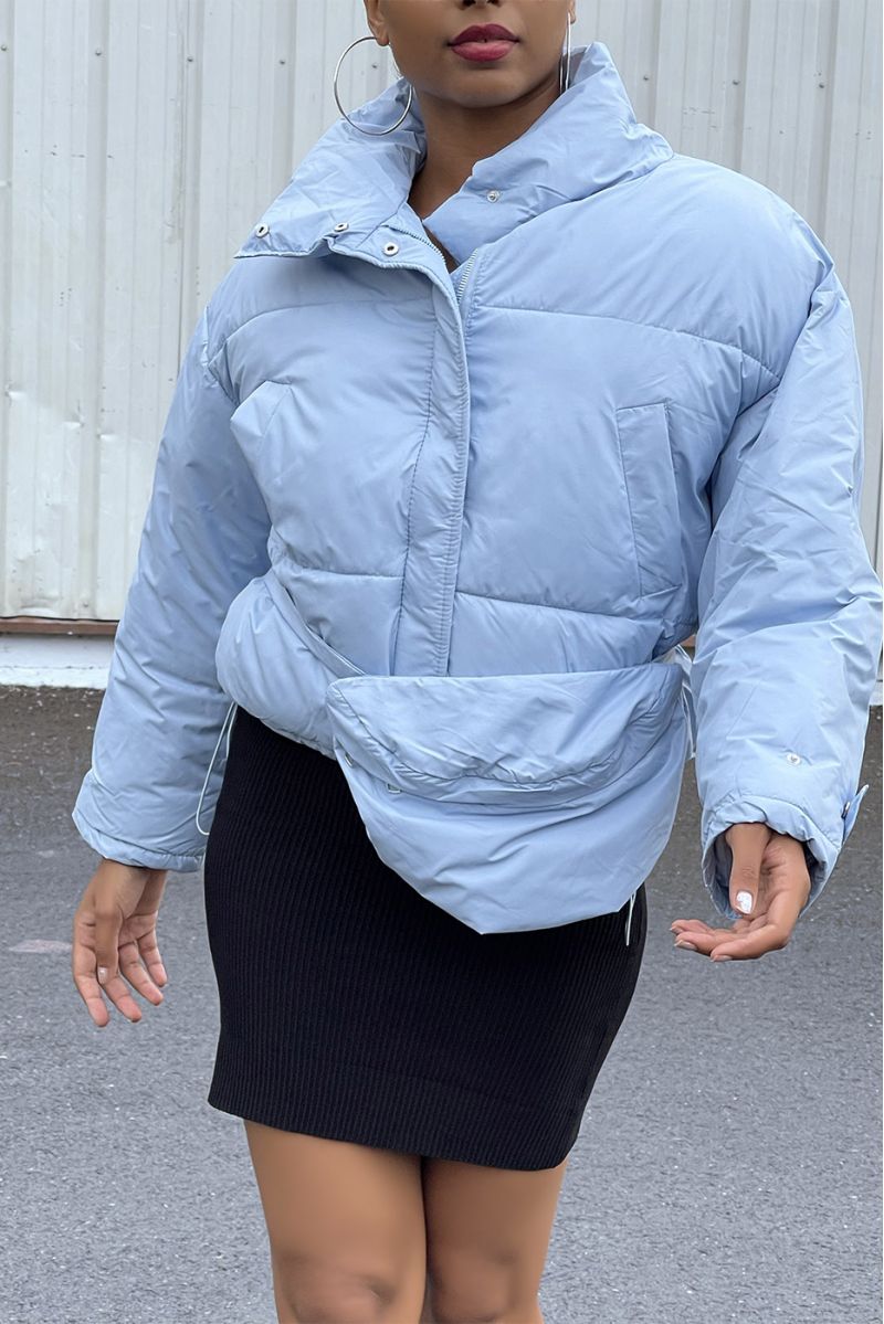 Blue adjustable waist down jacket with pockets and bag - 1