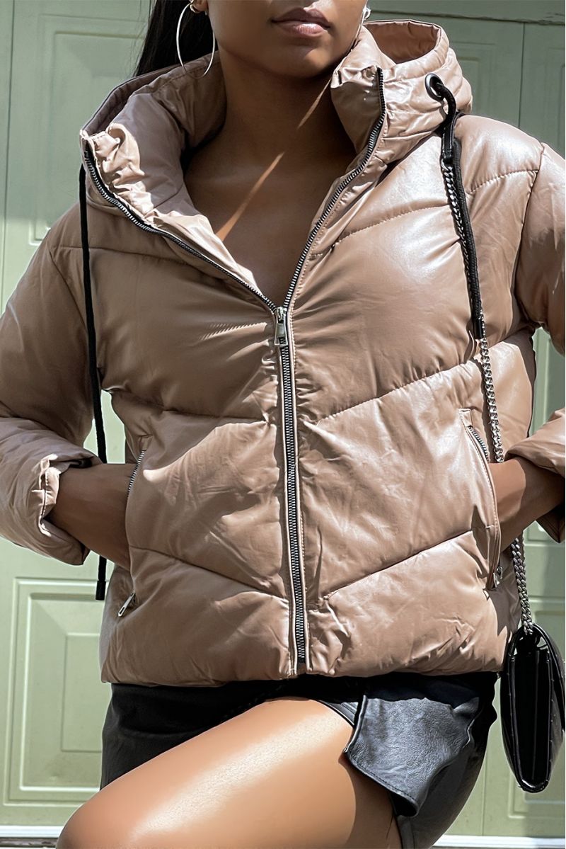 Very thick taupe down jacket in faux leather with hood - 2