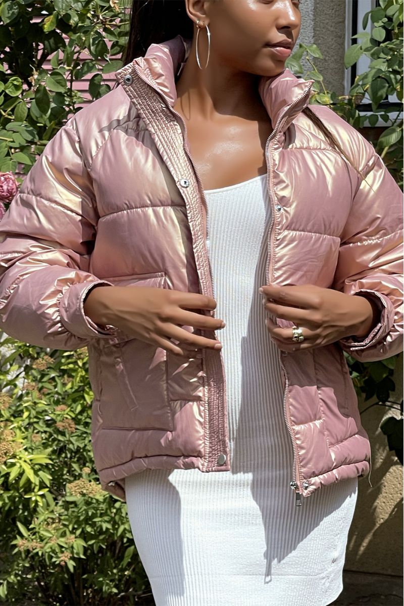 Mid-length pink puffer jacket with reflective effect, super trendy, light and comfortable - 1