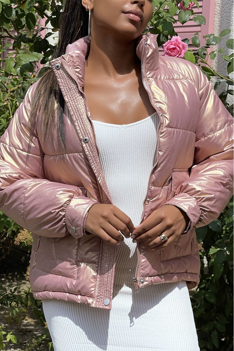 Mid-length pink puffer jacket with reflective effect, super trendy, light and comfortable - 3