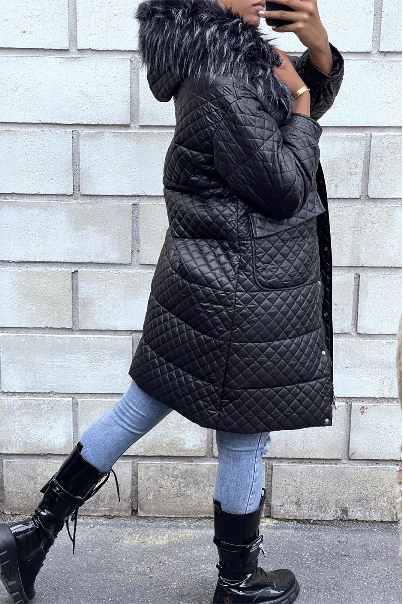 Long black quilted down jacket with hood and pockets - 4