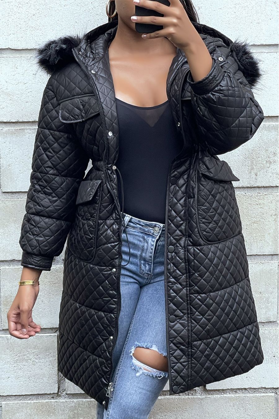 Long black quilted down jacket with hood and pockets - 5