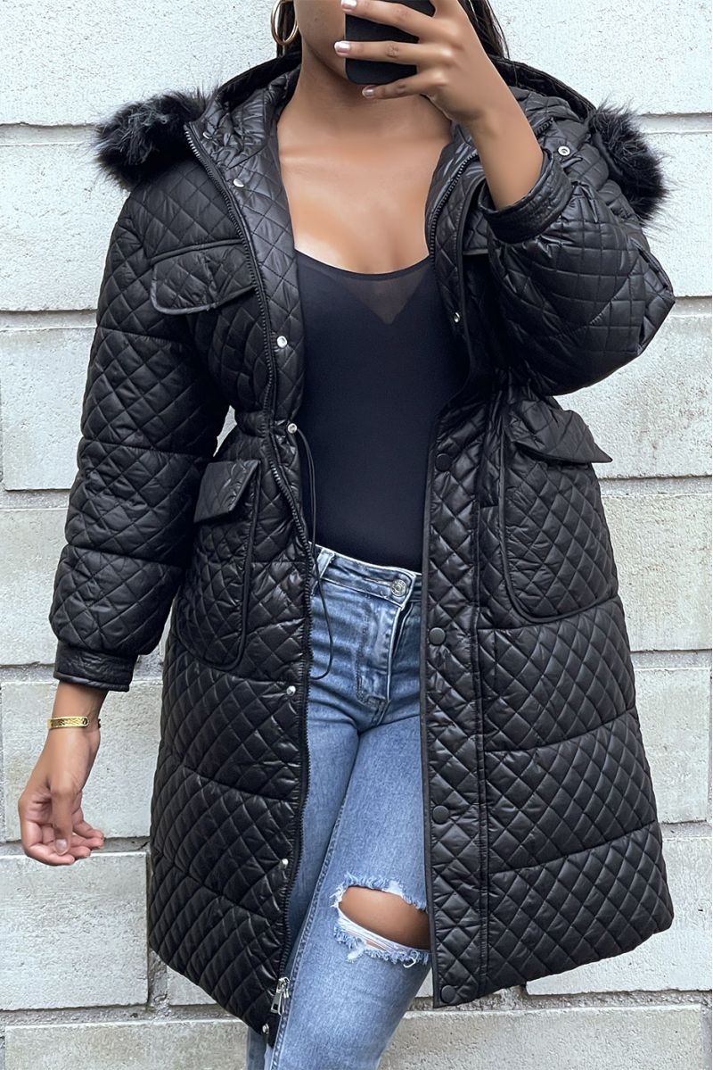 Long black quilted down jacket with hood and pockets - 5