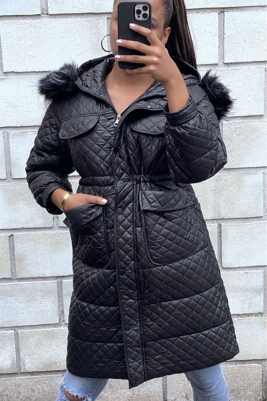 Long black quilted down jacket with hood and pockets - 6