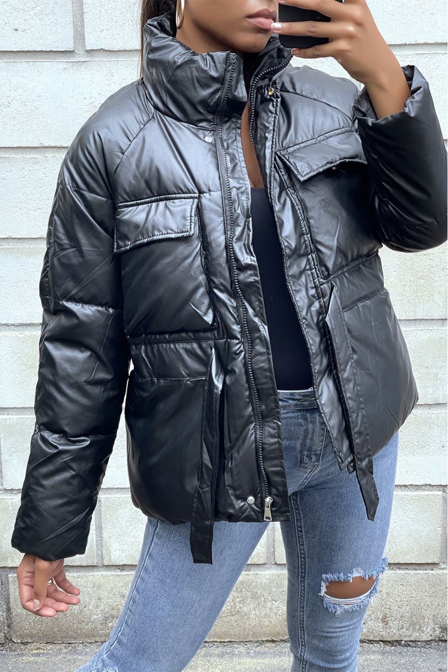 Black domed and waterproof down jacket with belt - 1