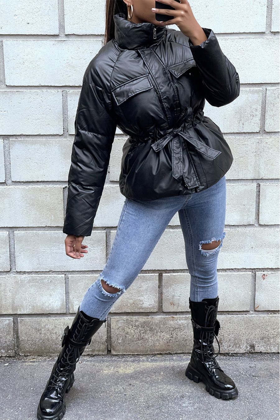 Doudoune noir bombé et imperméable avec ceinture  - 2