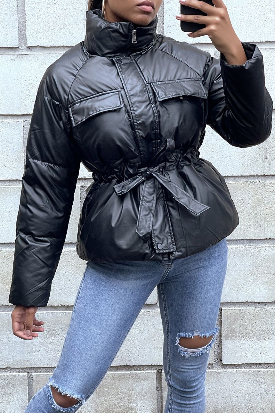 Black domed and waterproof down jacket with belt - 3