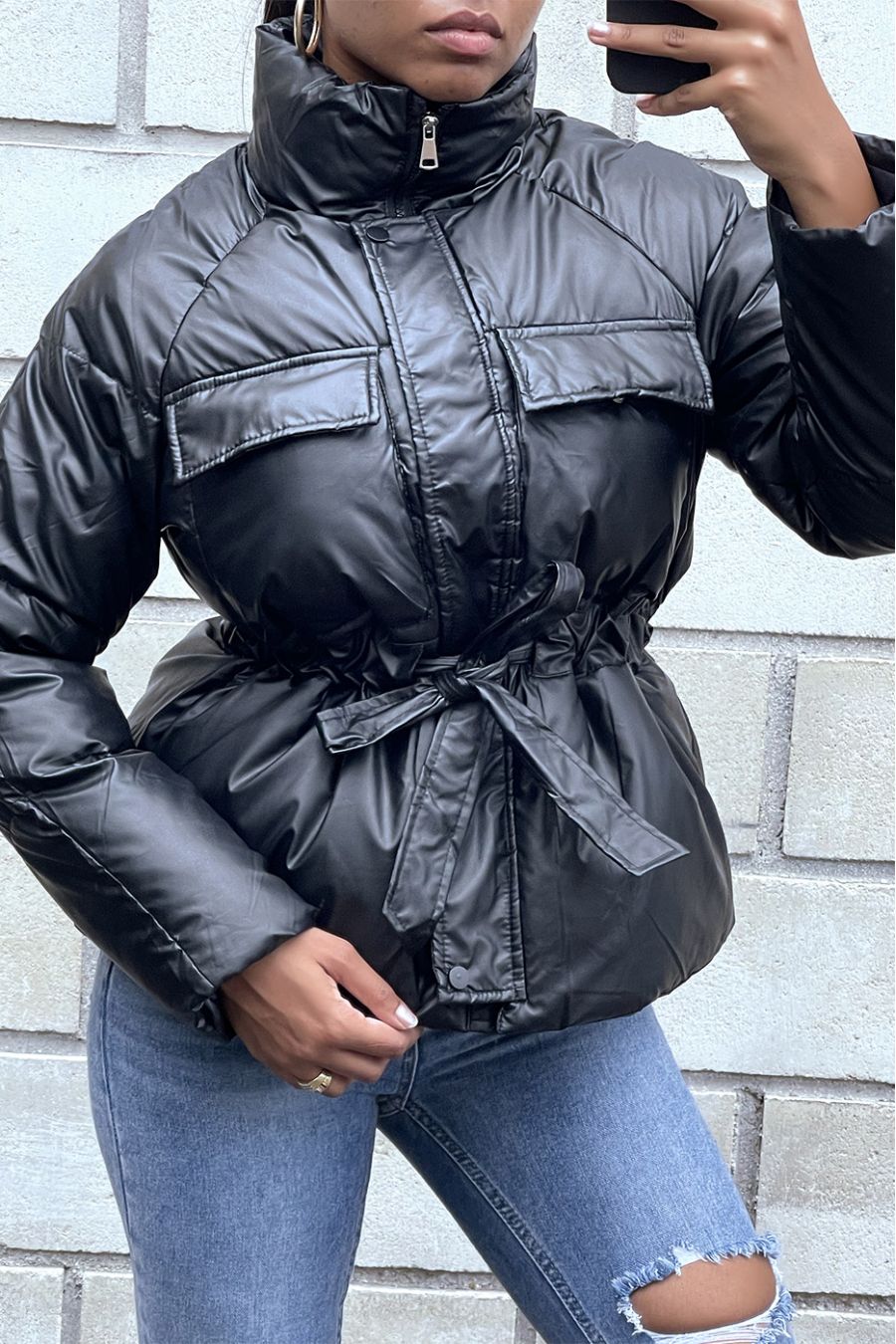 Black domed and waterproof down jacket with belt - 4