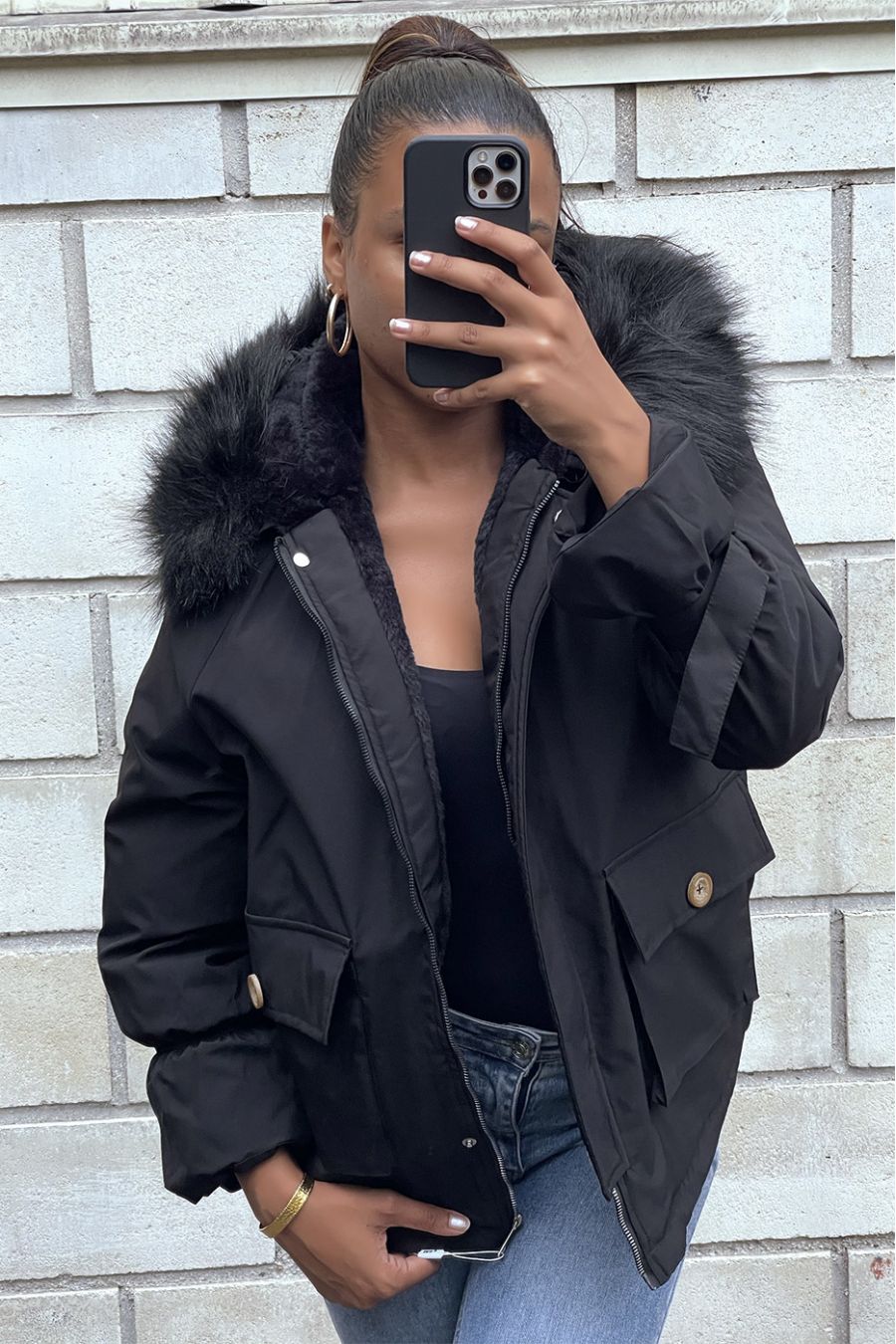 Black coat lined inside with hood - 2