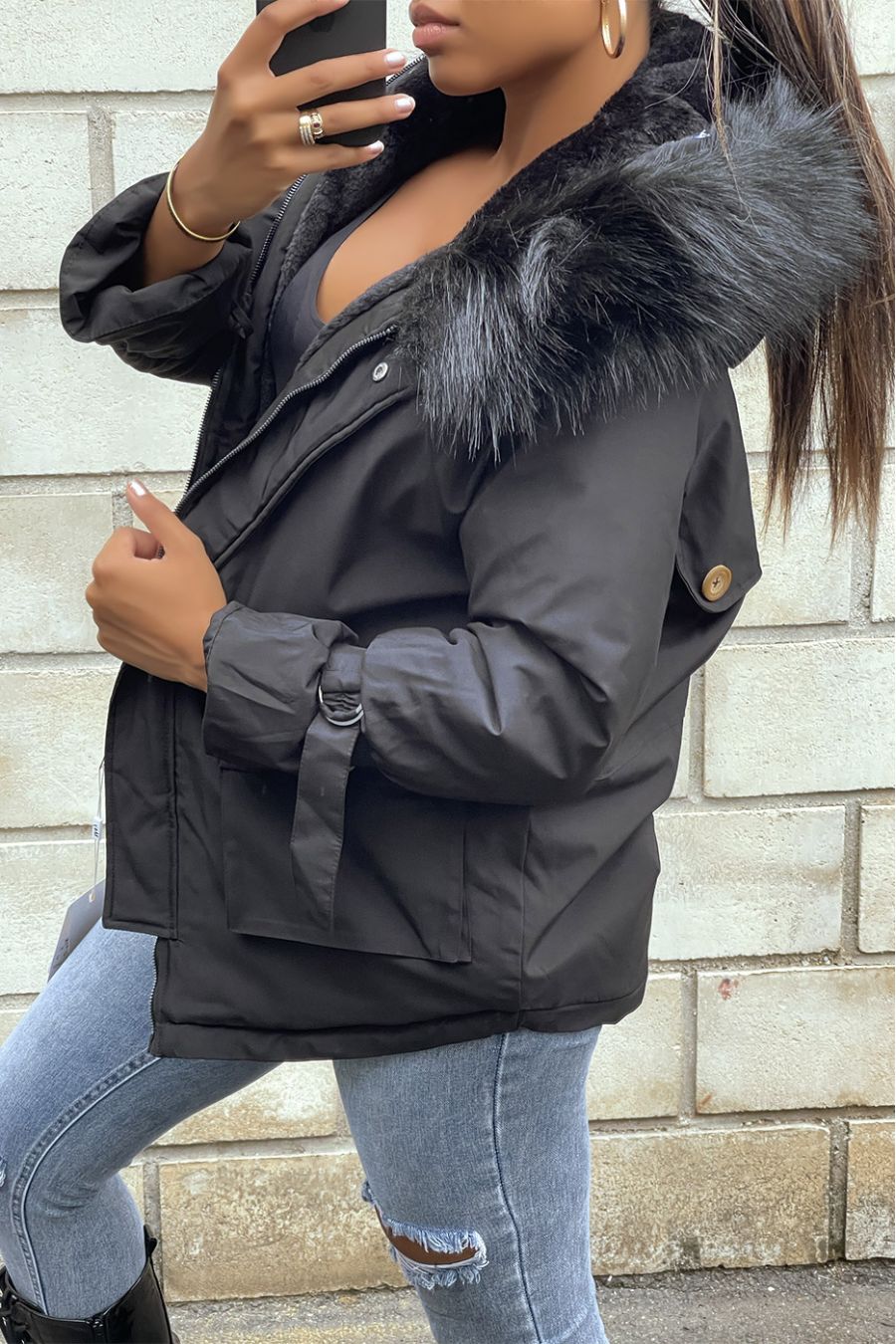 Black coat lined inside with hood - 3