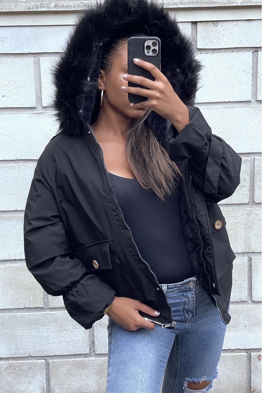 Black coat lined inside with hood - 5