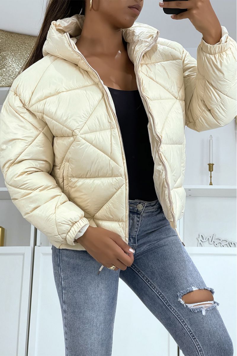Domed beige padded jacket with hood - 1