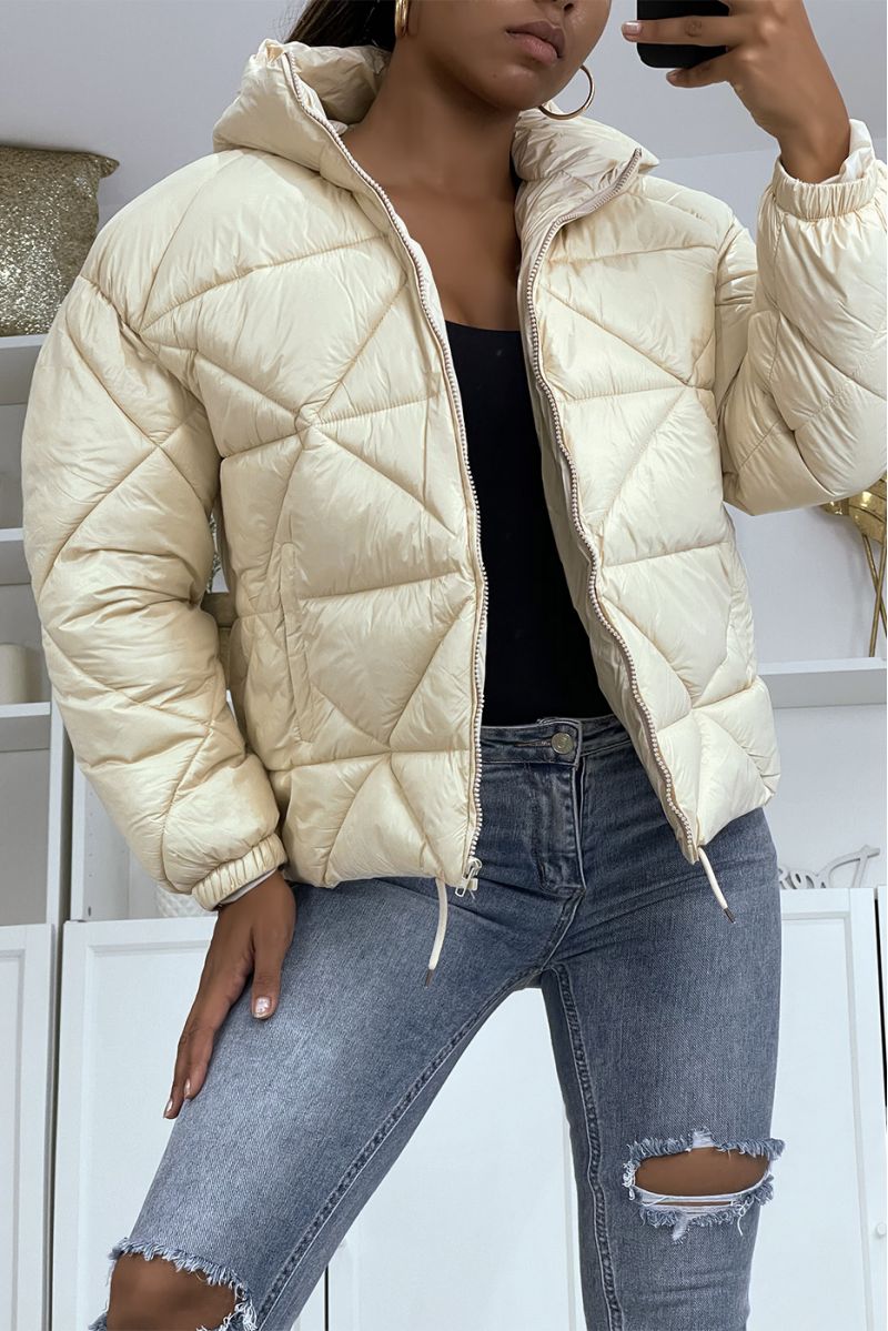 Domed beige padded jacket with hood - 2