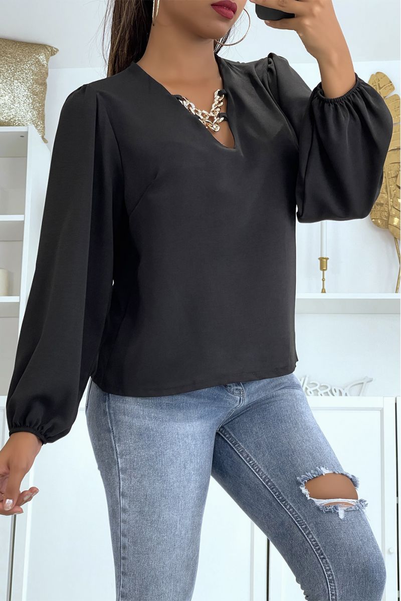 Black V-neck blouse with puff sleeves - 1