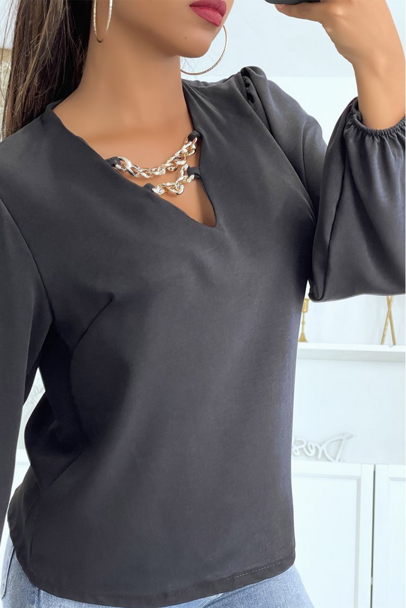 Black V-neck blouse with puff sleeves - 3