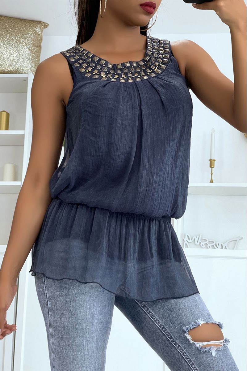 LiLGd navy crepe tank top with rhinestones on the collar - 2