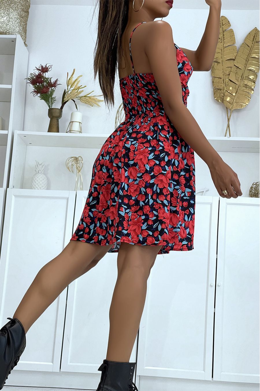 Red dress gathered at the waist flower pattern - 3