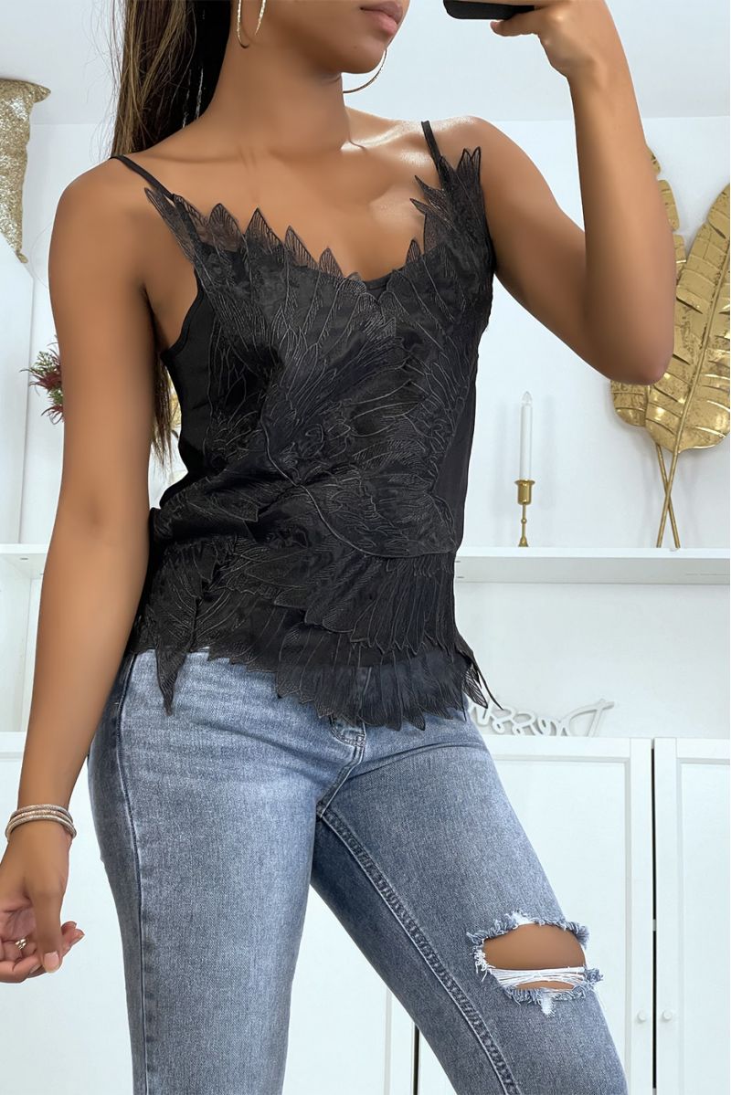 Black tank top with embroidered tulle in a wing pattern - 1