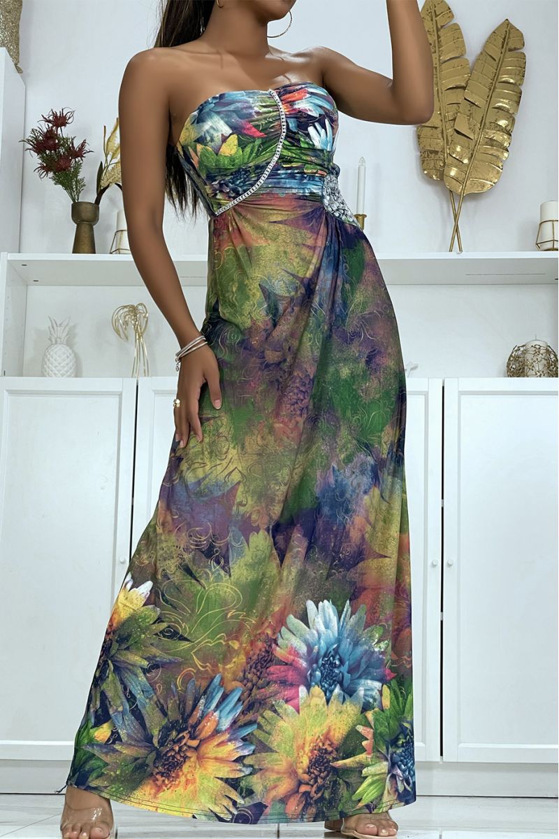 Long yellow floral pattern dress with rhinestones and pleats at the bust - 1
