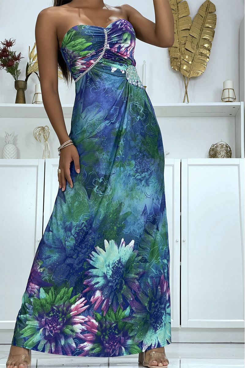 Longue robe motif fleuris bleu avec strass et plis au buste - 1