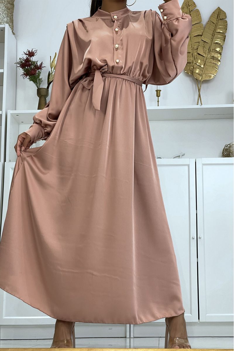 Long pink satin dress with long sleeves - 2