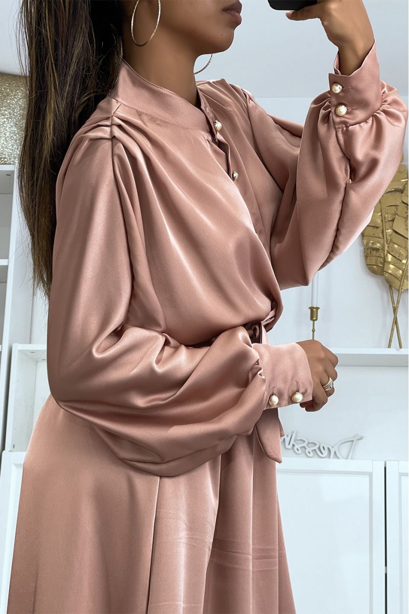 Long pink satin dress with long sleeves - 4
