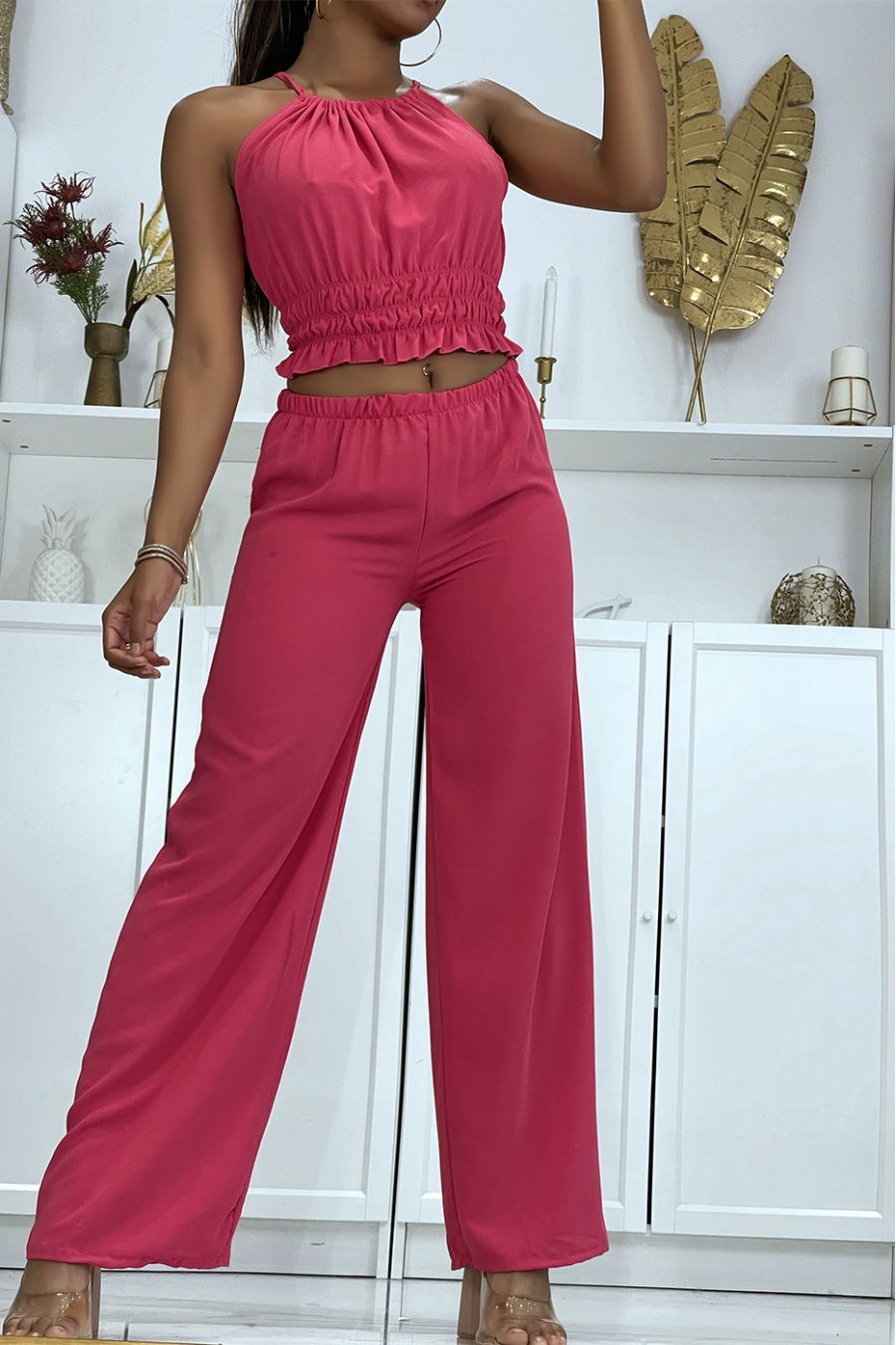 Fuchsia pants and crop top summer set - 1