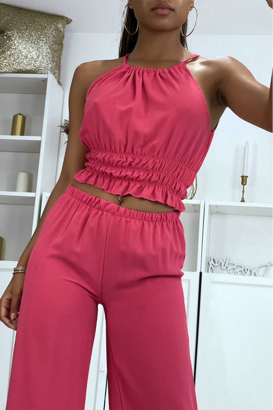 Fuchsia pants and crop top summer set - 2