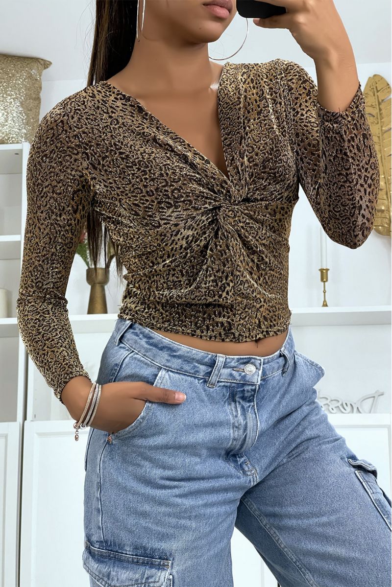 Sparkly top with golden leopard prints with long sleeves, v-neck - 1
