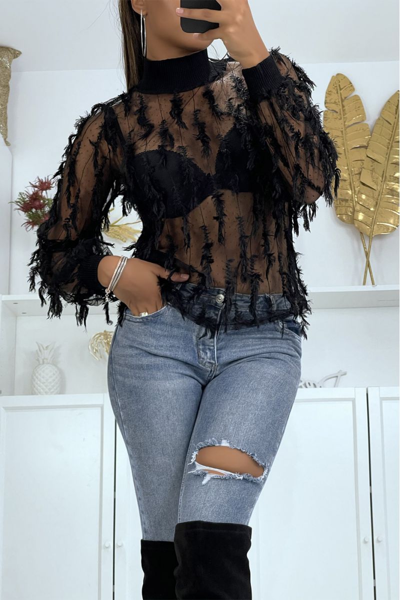 Black embroidered mesh top with roll neck and ribbed sleeves - 3