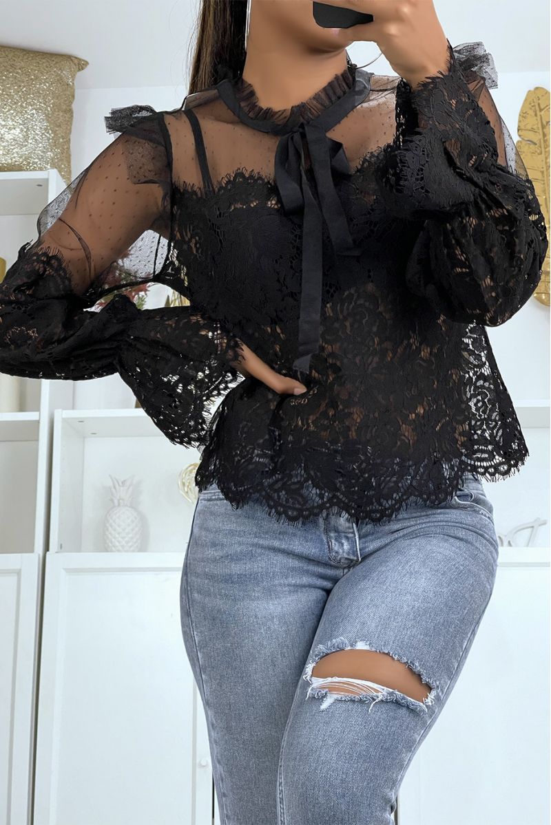 Black lace and tulle blouse with ruffle and high neck - 2